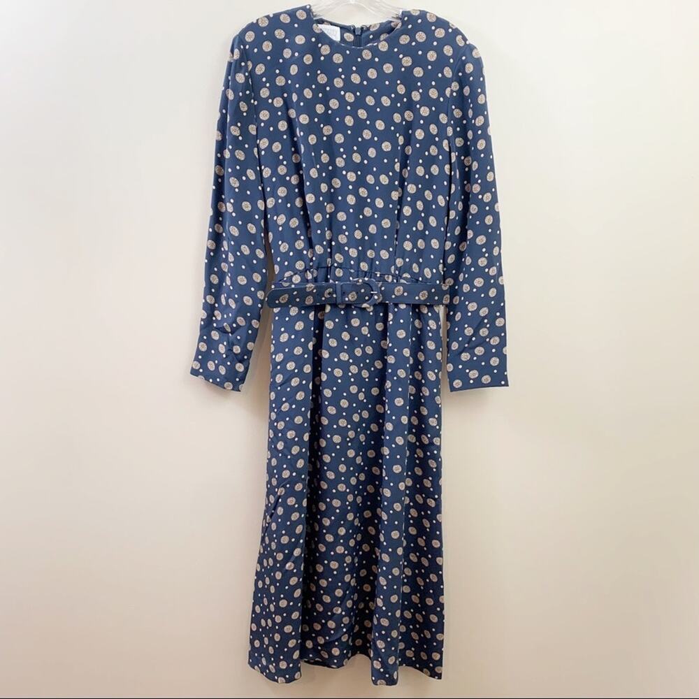 Lands’ End Silk Long Sleeve Blue/Tan Medallion Polka-Dot Midi Dress